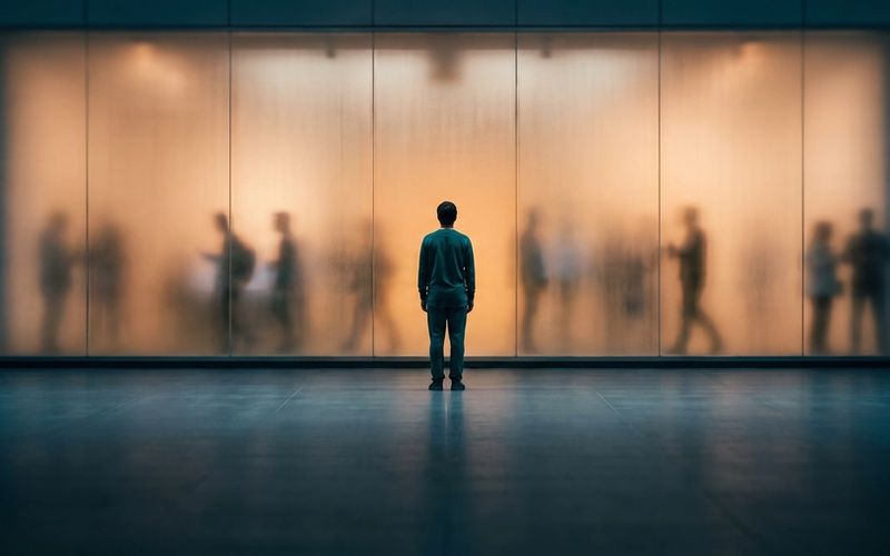 A lone figure standing before a large frosted-glass wall with the blurred silhouettes of many people gathered on the other side