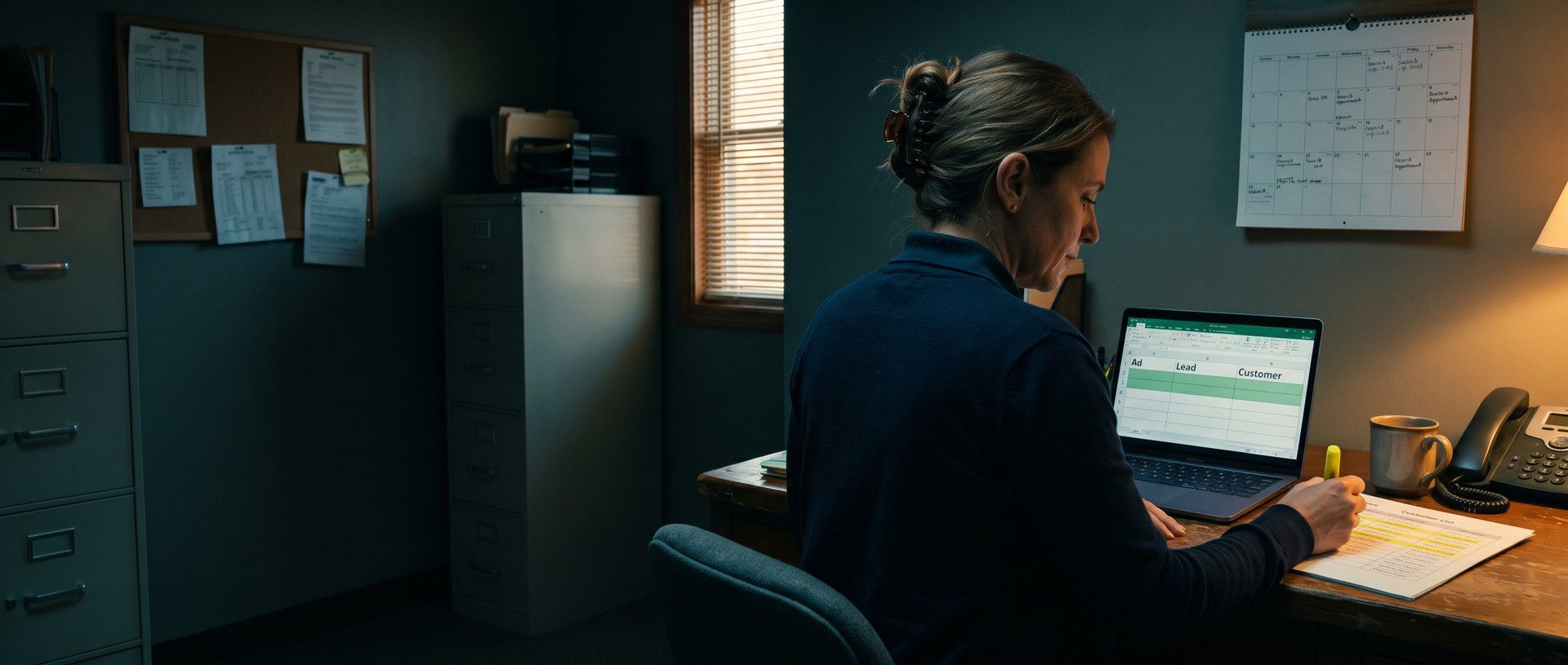 An office manager at a small home-services company sits at her desk late in the day, running a yellow highlighter across a printed customer list while her laptop shows a spreadsheet with columns labeled Ad, Lead and Customer.