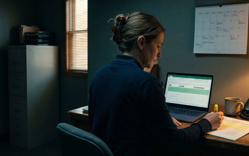 An office manager at a small home-services company sits at her desk late in the day, running a yellow highlighter across a printed customer list while her laptop shows a spreadsheet with columns labeled Ad, Lead and Customer.
