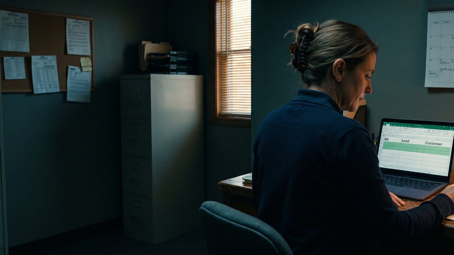 An office manager at a small home-services company sits at her desk late in the day, running a yellow highlighter across a printed customer list while her laptop shows a spreadsheet with columns labeled Ad, Lead and Customer.