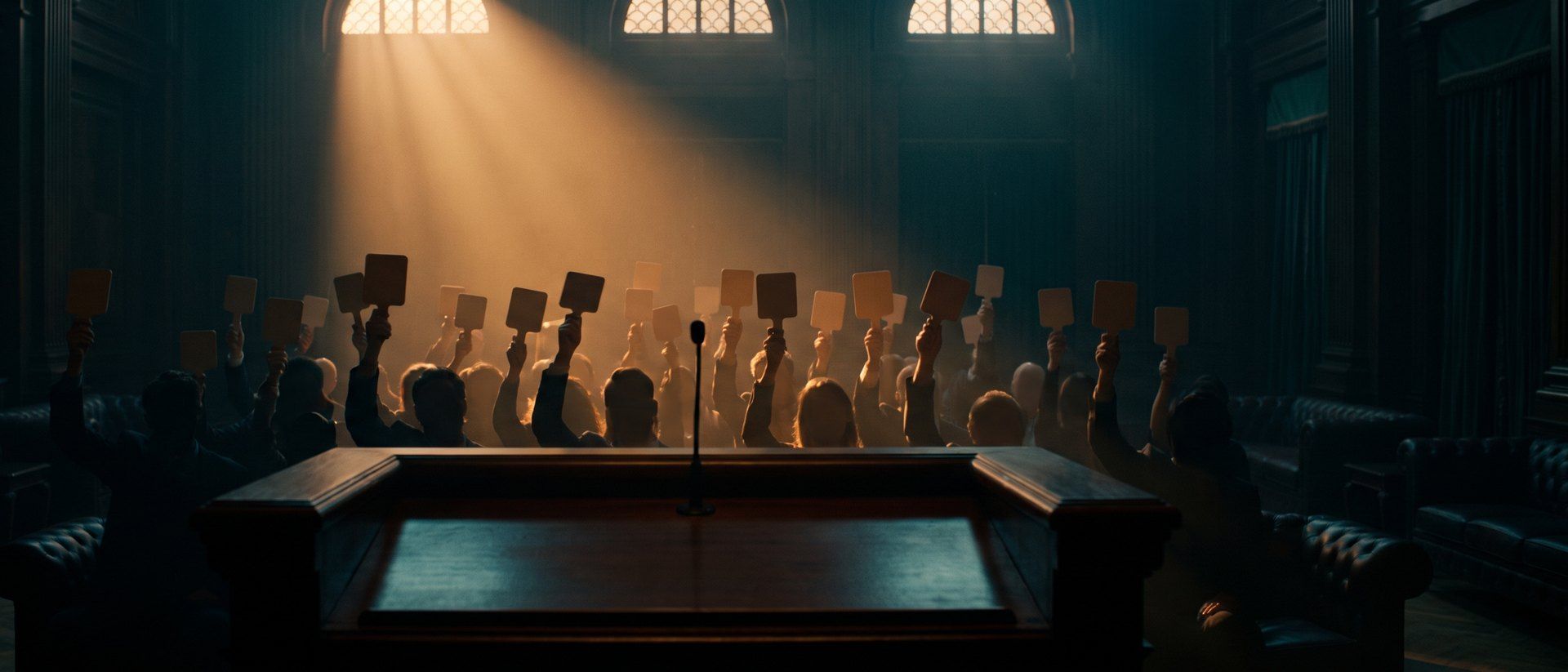 A crowded auction hall with dozens of bidding paddles raised, lit by a shaft of warm light