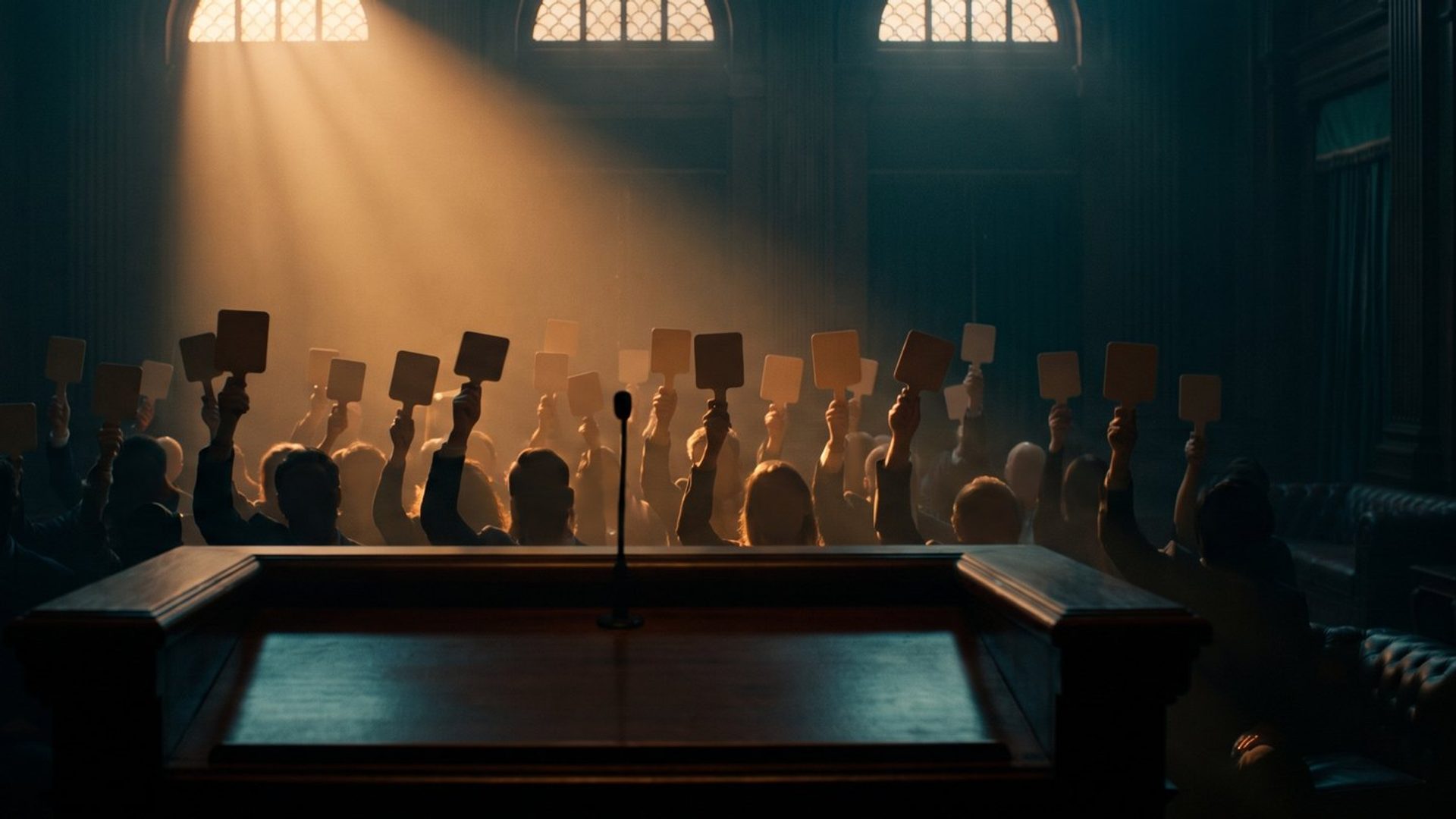 A crowded auction hall with dozens of bidding paddles raised, lit by a shaft of warm light
