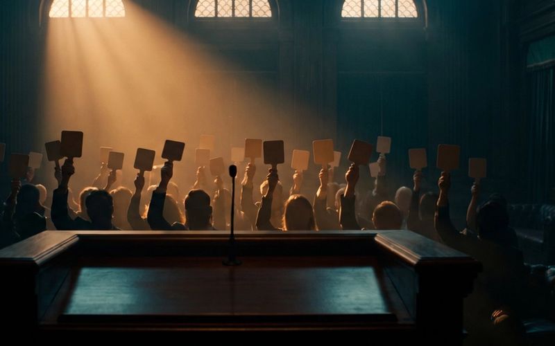 A crowded auction hall with dozens of bidding paddles raised, lit by a shaft of warm light