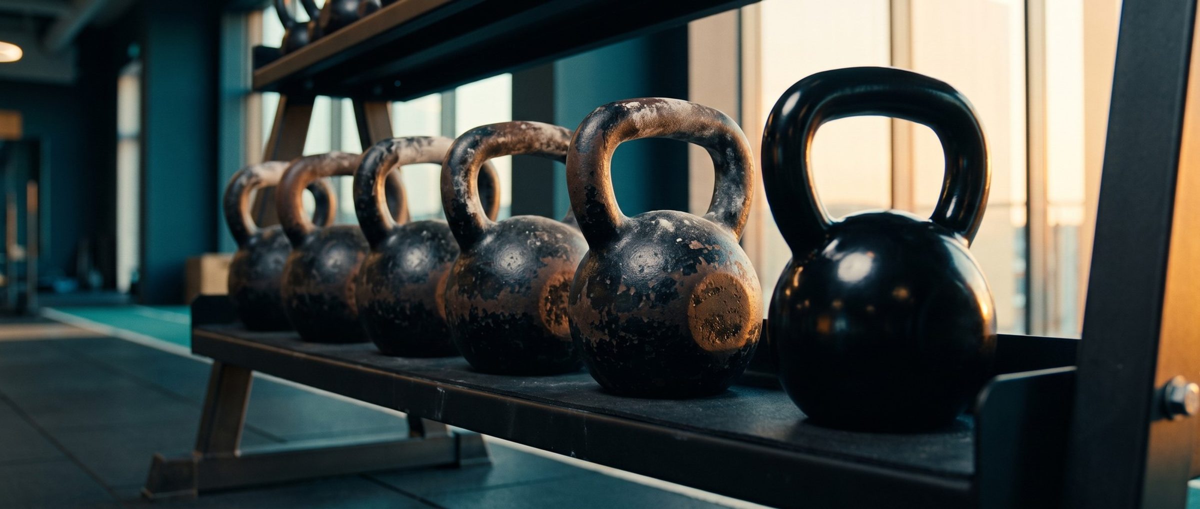 A row of well-used gym kettlebells on a low rack at dawn, their black paint chipped to bare iron and dusted with chalk, and at the end of the row one brand-new glossy black kettlebell with no scratches catching the morning light