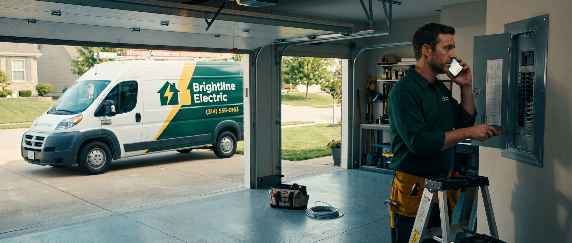 In a homeowner's garage, an electrician at an open breaker panel answers his ringing phone mid-job, his company's branded van parked in the driveway