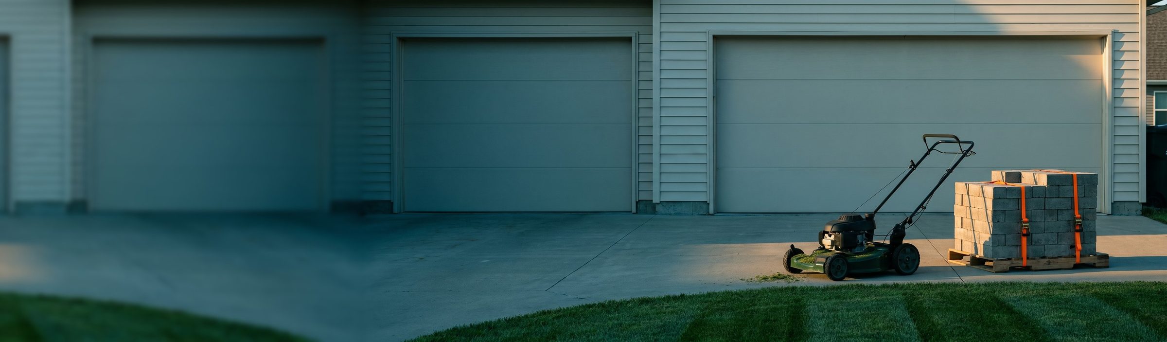 A dark green walk-behind lawn mower parked on a suburban driveway at golden hour beside a pallet of gray retaining-wall blocks strapped in orange, in front of a plain garage and a striped lawn