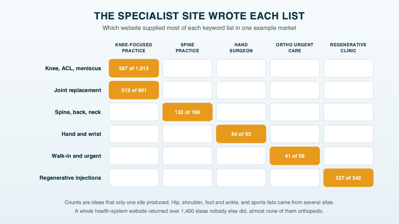 The specialist site wrote each list: in one example market, most of the knee and joint replacement ideas came from a knee-focused practice, most spine ideas from a spine practice, most hand ideas from a hand surgeon's site, most walk-in ideas from an orthopedic urgent care chain, and most stem cell ideas from a regenerative clinic