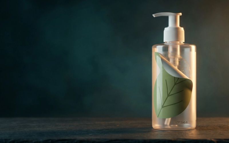 A plain clear plastic pump bottle on a dark slate table with a green leaf-shaped sticker peeling away from its front, showing the bare plastic underneath
