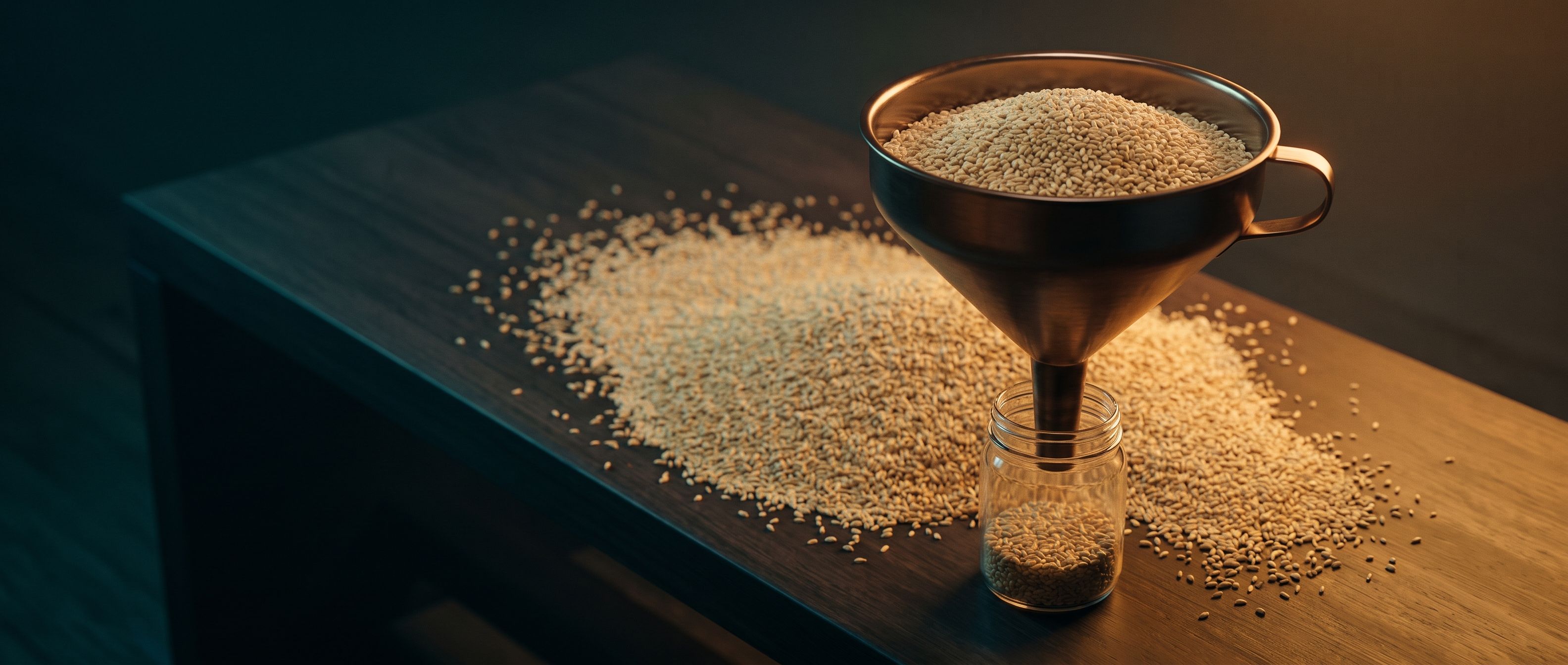 A copper funnel heaped with grain, most of it spilled across the dark table, a small glass jar beneath catching only a shallow layer