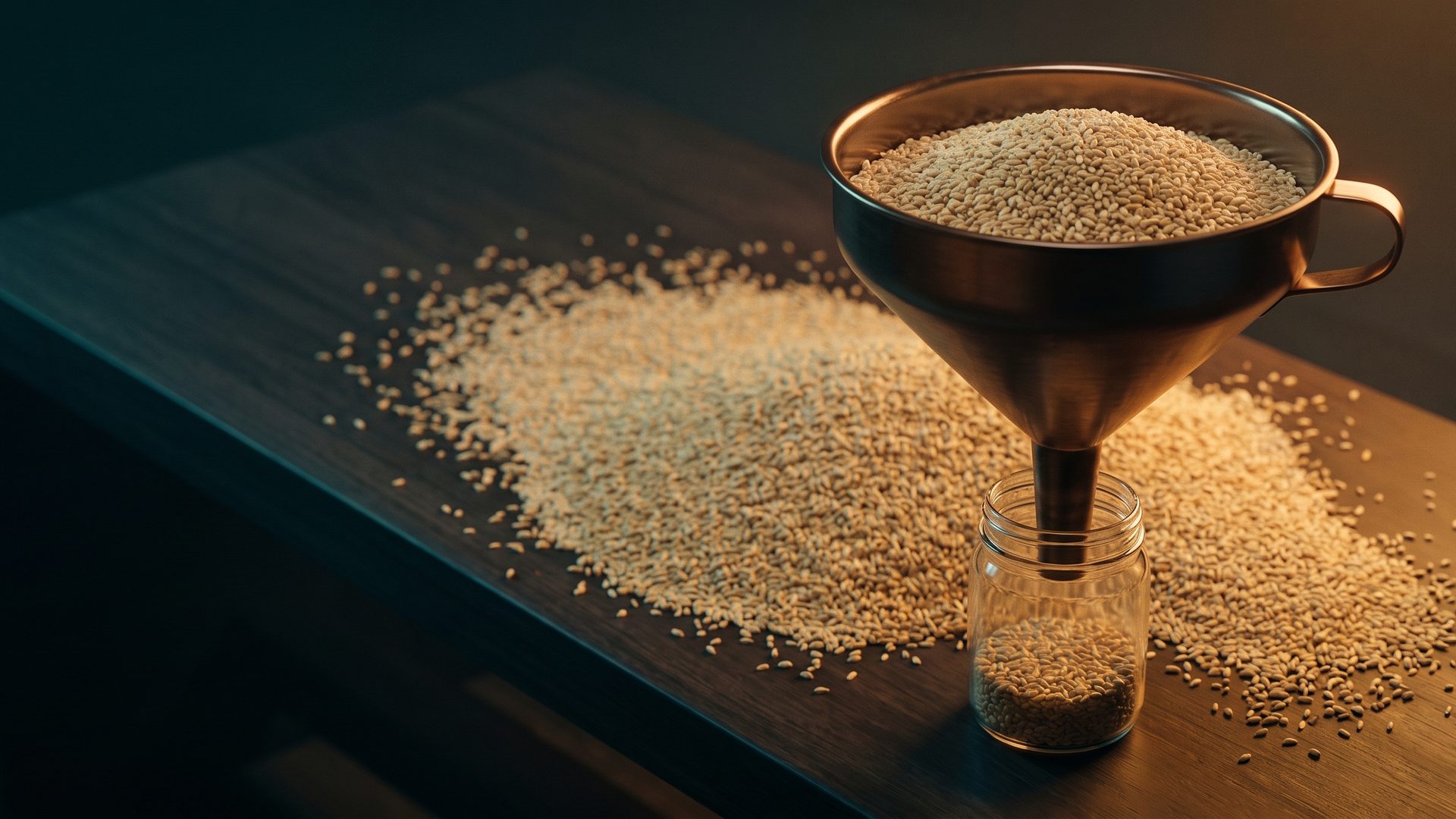 A copper funnel heaped with grain, most of it spilled across the dark table, a small glass jar beneath catching only a shallow layer