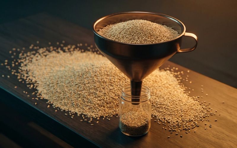 A copper funnel heaped with grain, most of it spilled across the dark table, a small glass jar beneath catching only a shallow layer