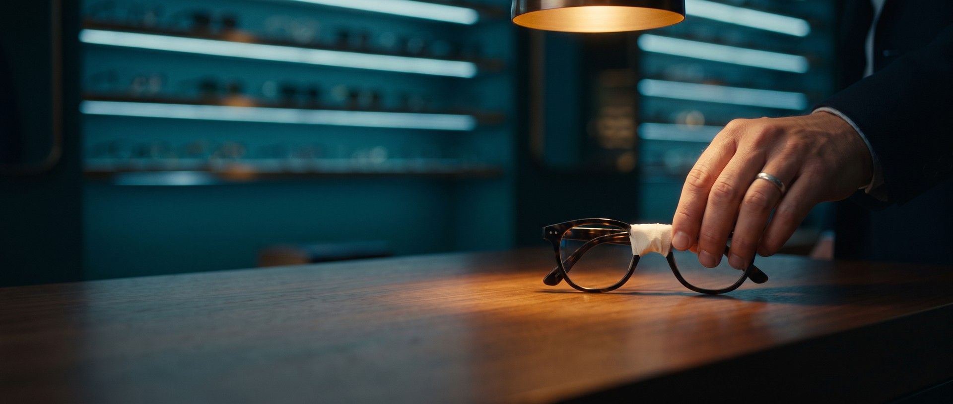 A hand sets a pair of tortoiseshell glasses, snapped at the bridge and held together with tape, on an optometry front counter under a warm pendant light, with a teal-lit frame wall behind