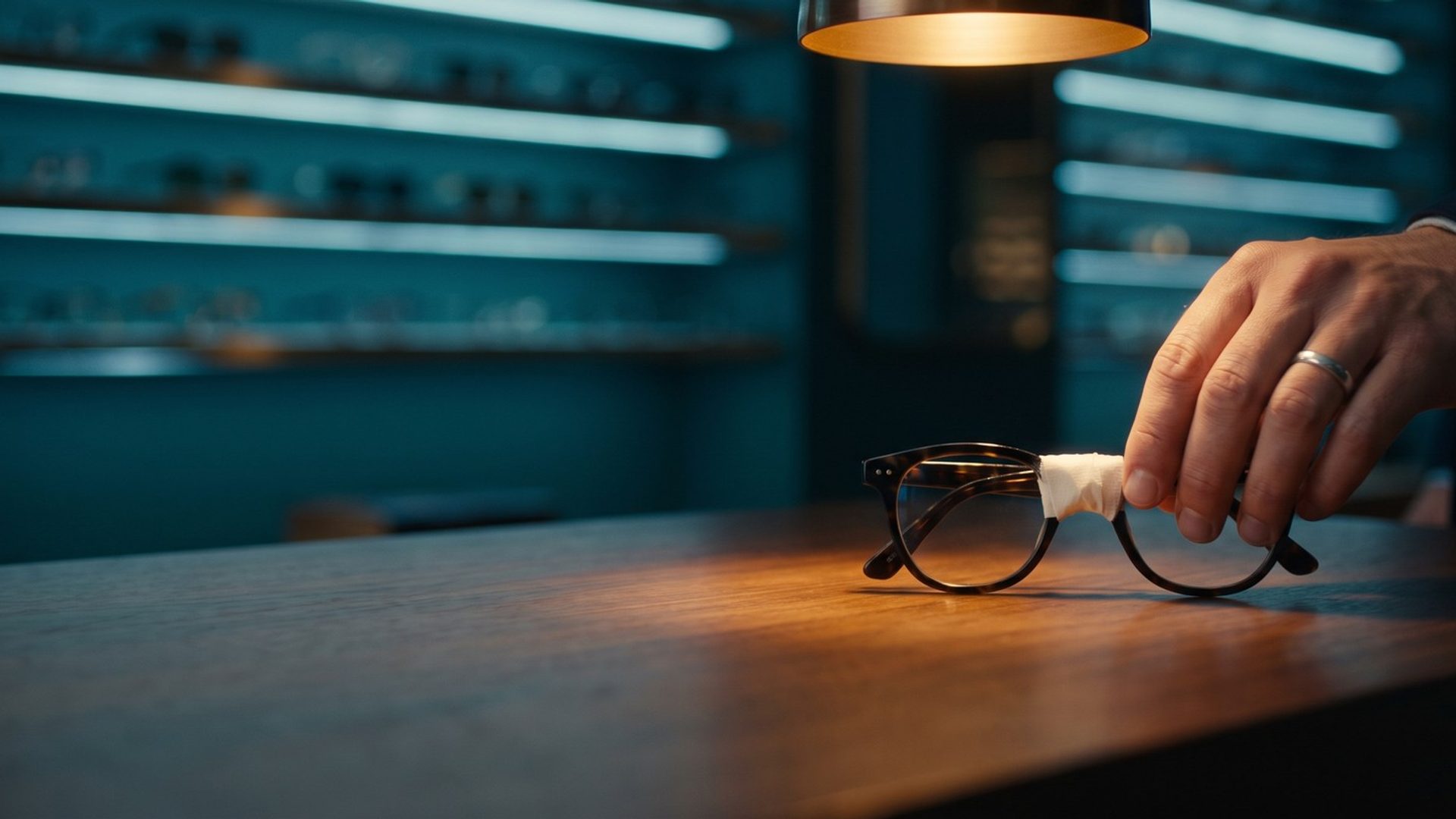 A hand sets a pair of tortoiseshell glasses, snapped at the bridge and held together with tape, on an optometry front counter under a warm pendant light, with a teal-lit frame wall behind