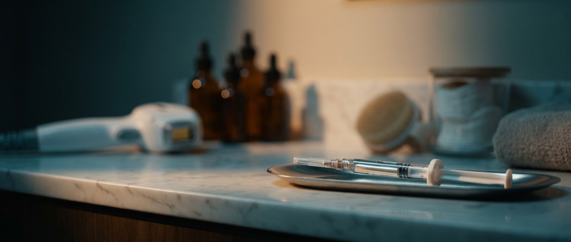 A single capped lip filler syringe lying on a steel tray on a marble counter, a laser handpiece, serum bottles and a facial brush blurred in the background