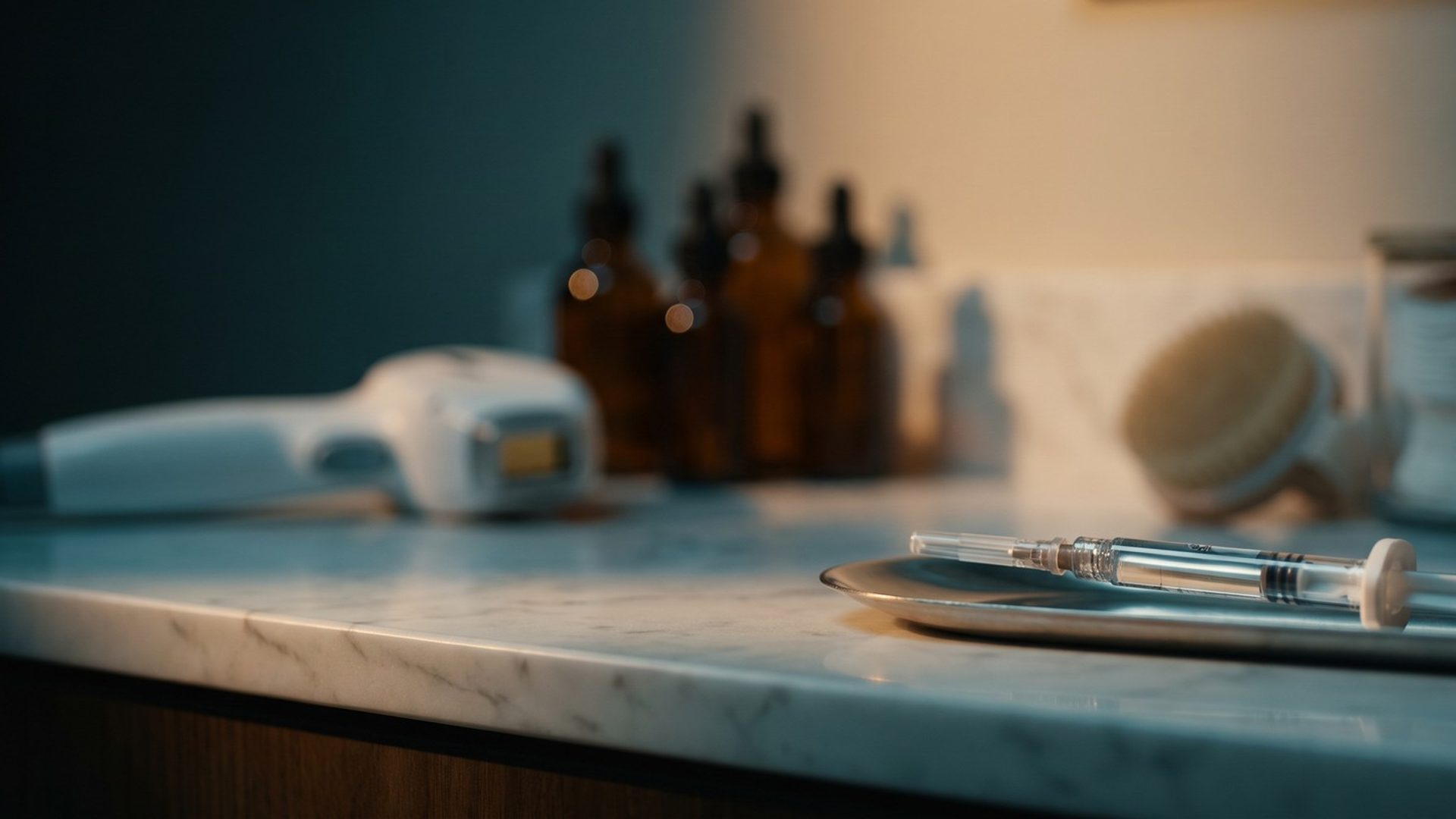 A single capped lip filler syringe lying on a steel tray on a marble counter, a laser handpiece, serum bottles and a facial brush blurred in the background
