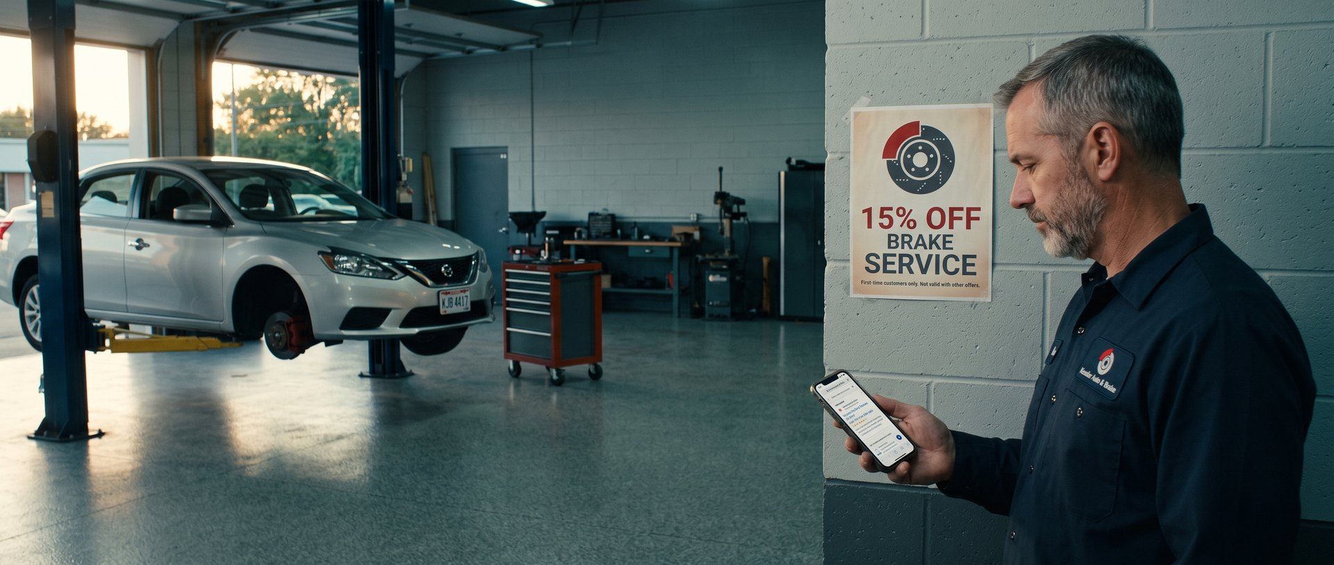 An auto repair shop owner in a navy work shirt reads a Google search ad on his phone in his service bay, a faded 15% off brake service poster for first-time customers on the wall behind him and a sedan on a lift in the background