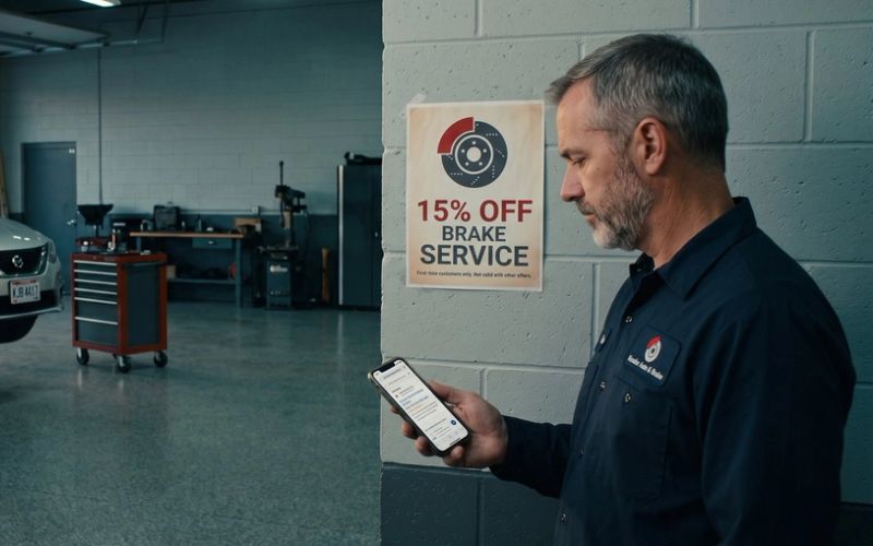 An auto repair shop owner in a navy work shirt reads a Google search ad on his phone in his service bay, a faded 15% off brake service poster for first-time customers on the wall behind him and a sedan on a lift in the background