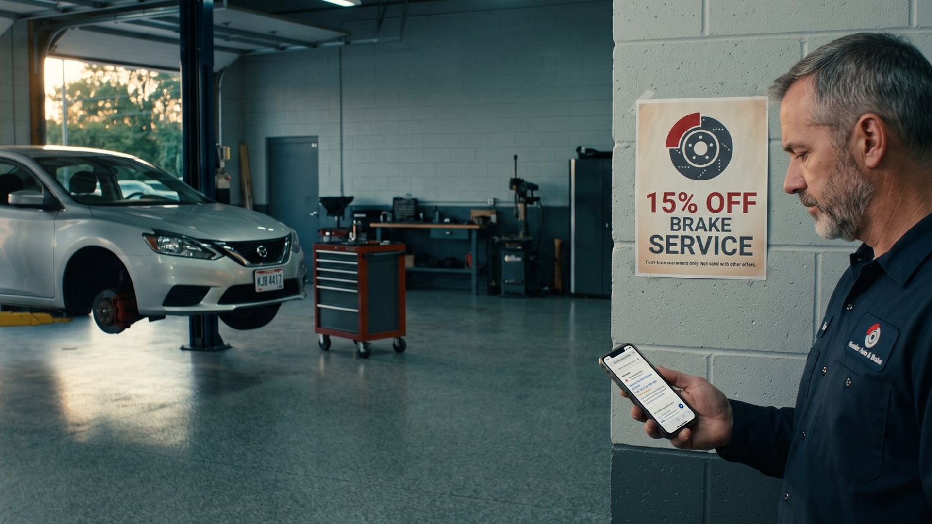 An auto repair shop owner in a navy work shirt reads a Google search ad on his phone in his service bay, a faded 15% off brake service poster for first-time customers on the wall behind him and a sedan on a lift in the background