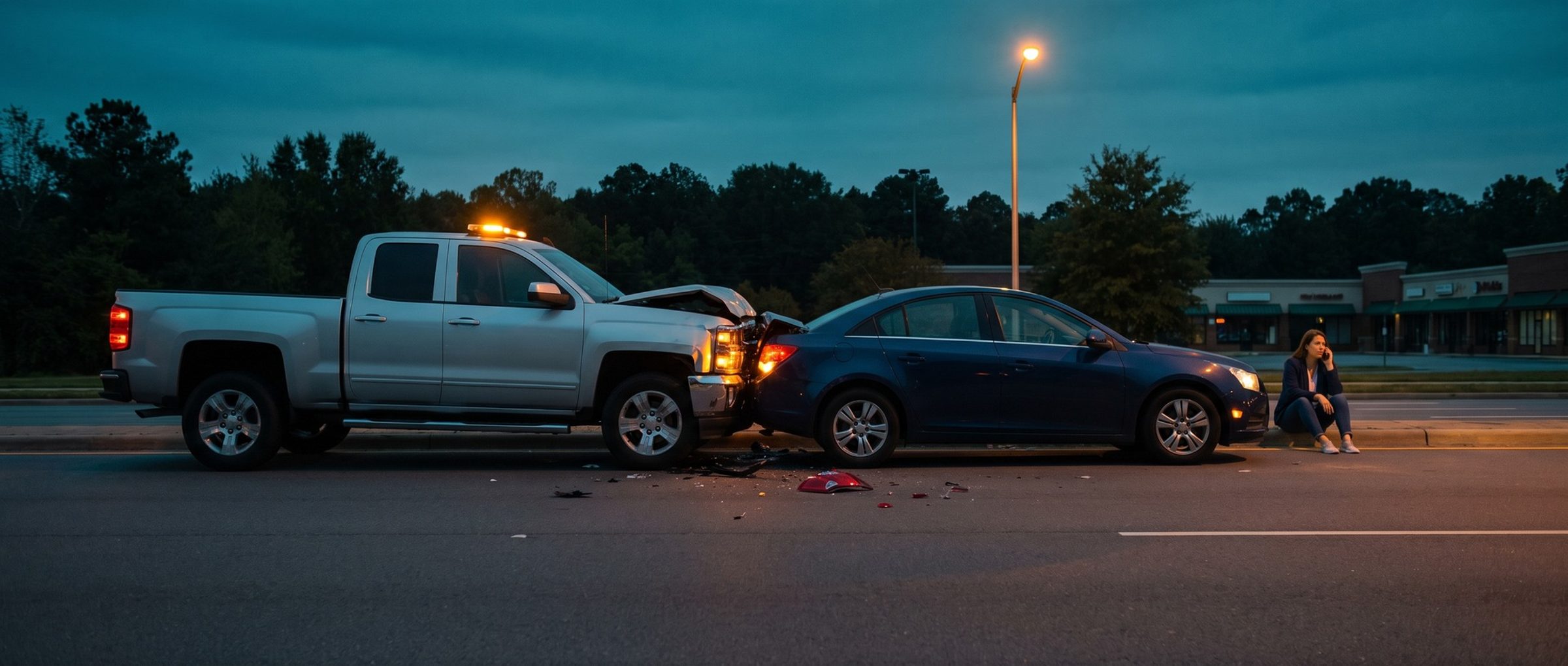 A silver pickup truck jammed into the crushed rear of a navy sedan on a suburban road shoulder at dusk, hazard lights glowing and broken taillight pieces on the asphalt, while the sedan's driver sits on the curb with a phone to her ear