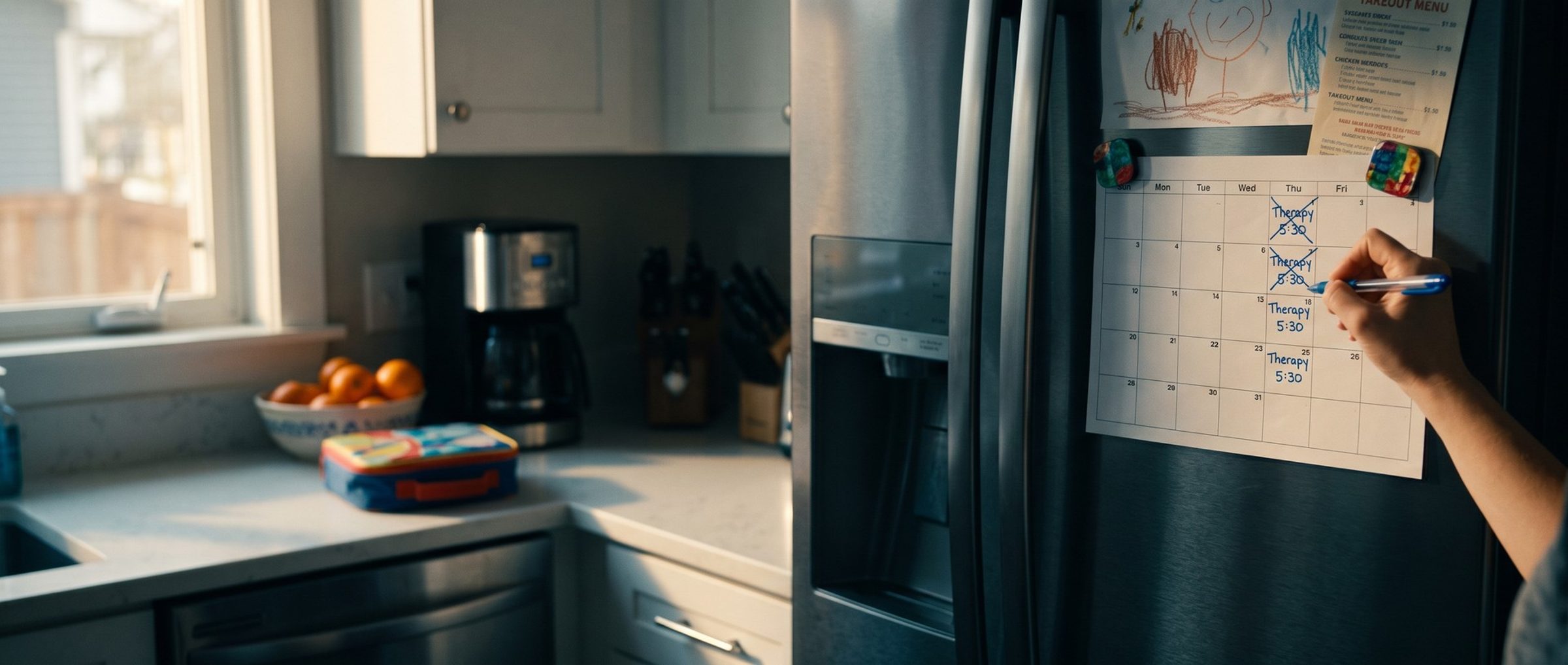 In a sunlit family kitchen, a hand with a blue pen writes on a paper calendar stuck to the fridge, where Therapy 5:30 is written in every Thursday square and the first ones are crossed off