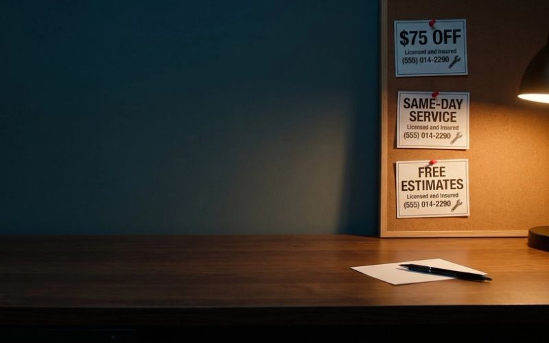 Three competitor plumbing flyers reading $75 OFF, SAME-DAY SERVICE and FREE ESTIMATES pinned to a cork board above a desk, with a blank card and pen waiting below under an amber lamp