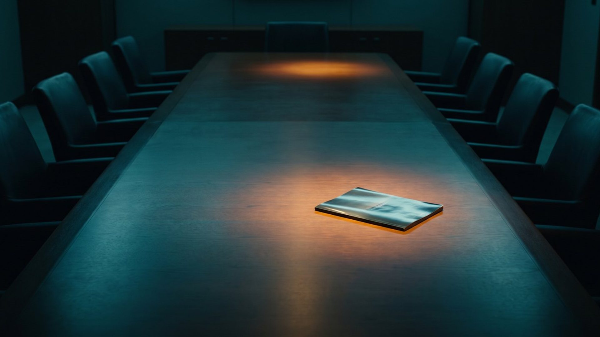 A single slim brochure lying alone under a pool of warm light on a long dark boardroom table set for twelve empty chairs