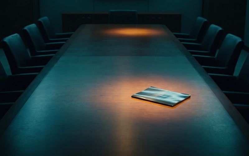 A single slim brochure lying alone under a pool of warm light on a long dark boardroom table set for twelve empty chairs