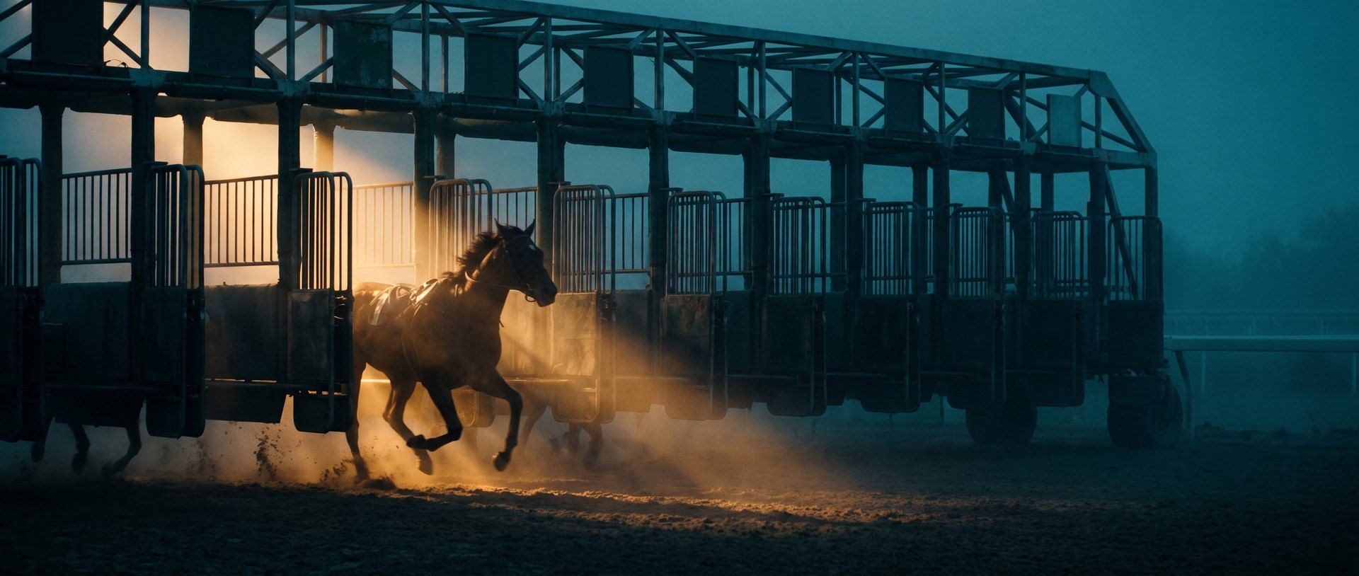 A row of racetrack starting gates at dawn, all closed except one, with a single horse thundering out into warm light while the rest stay penned