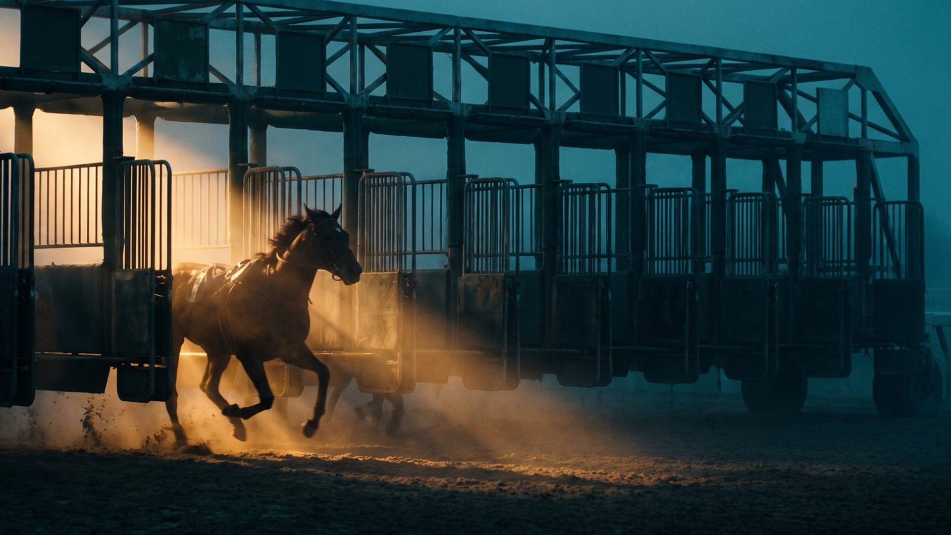 A row of racetrack starting gates at dawn, all closed except one, with a single horse thundering out into warm light while the rest stay penned