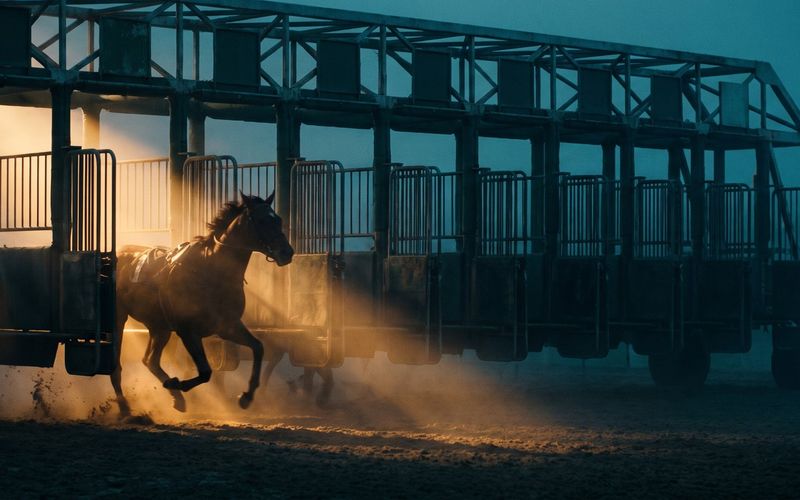 A row of racetrack starting gates at dawn, all closed except one, with a single horse thundering out into warm light while the rest stay penned