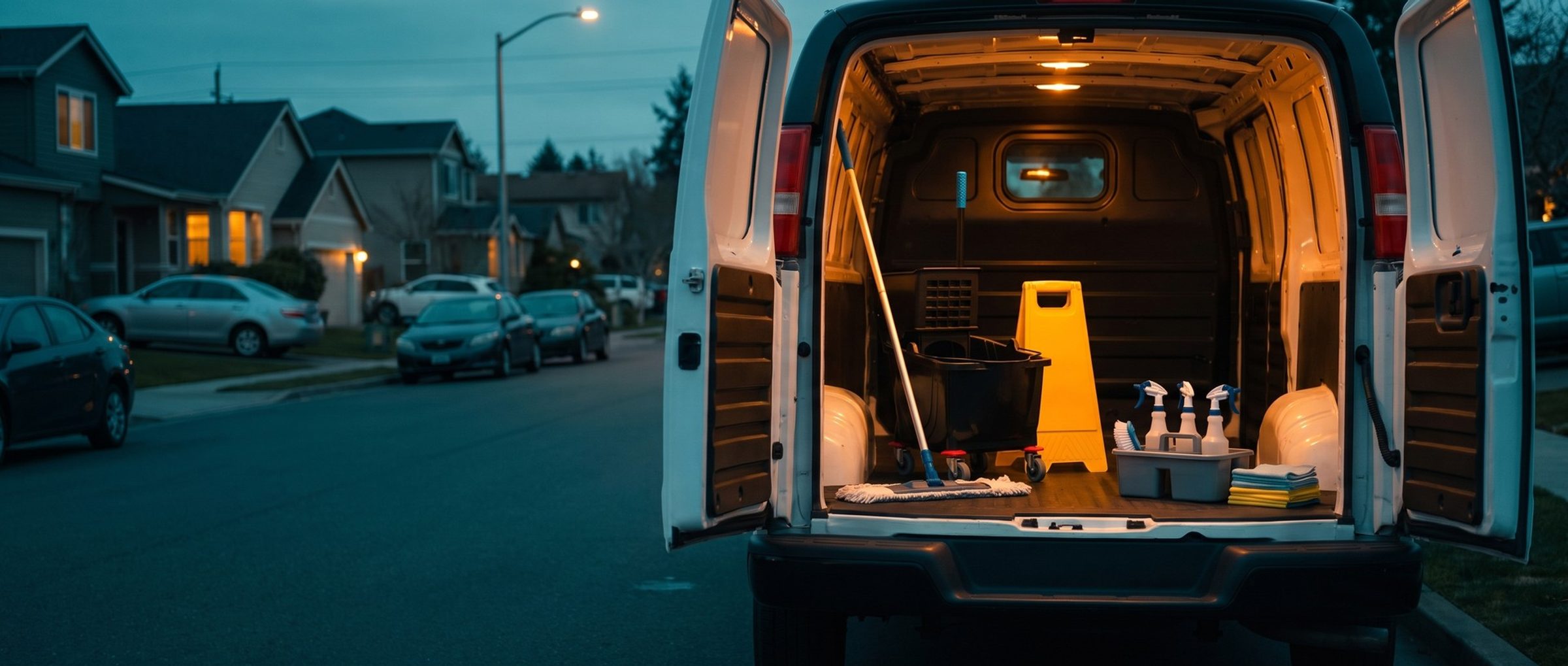 The open back of a cleaning company van at dusk, office cleaning gear with a mop bucket, dust mop and wet-floor sign on one side and a small house-cleaning caddy with spray bottles on the other