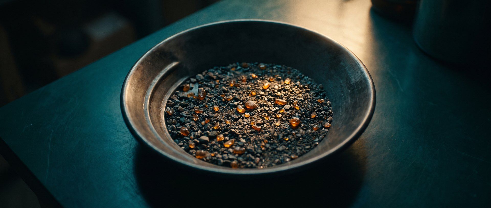 A shallow metal prospector's pan on a dark table holding gray grit flecked with glowing amber specks of gold, lit by a warm beam of light