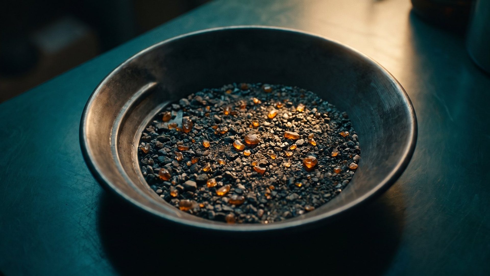 A shallow metal prospector's pan on a dark table holding gray grit flecked with glowing amber specks of gold, lit by a warm beam of light
