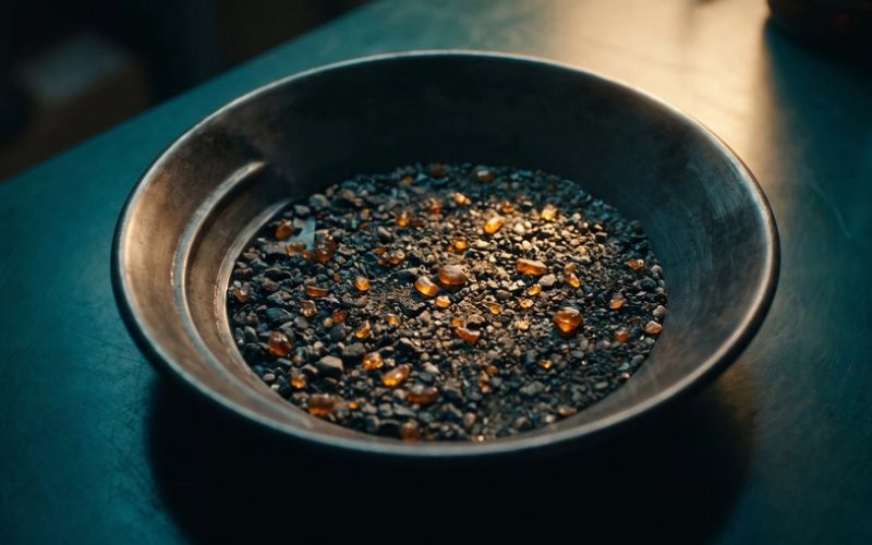A shallow metal prospector's pan on a dark table holding gray grit flecked with glowing amber specks of gold, lit by a warm beam of light