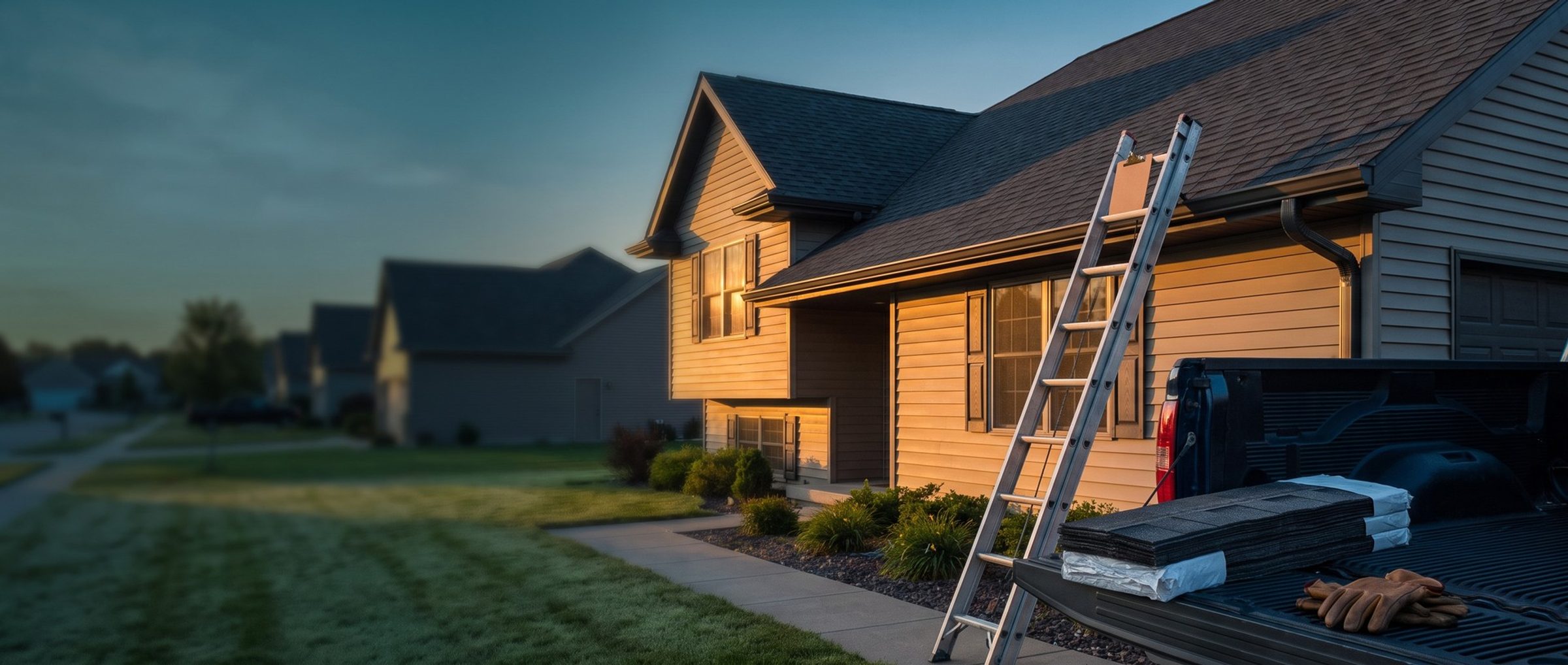 Early morning at a suburban house: a roofer's aluminum extension ladder rests against the roof edge with a blank clipboard hooked over the top rung, and a bundle of charcoal shingles and work gloves sit on a pickup tailgate in the foreground