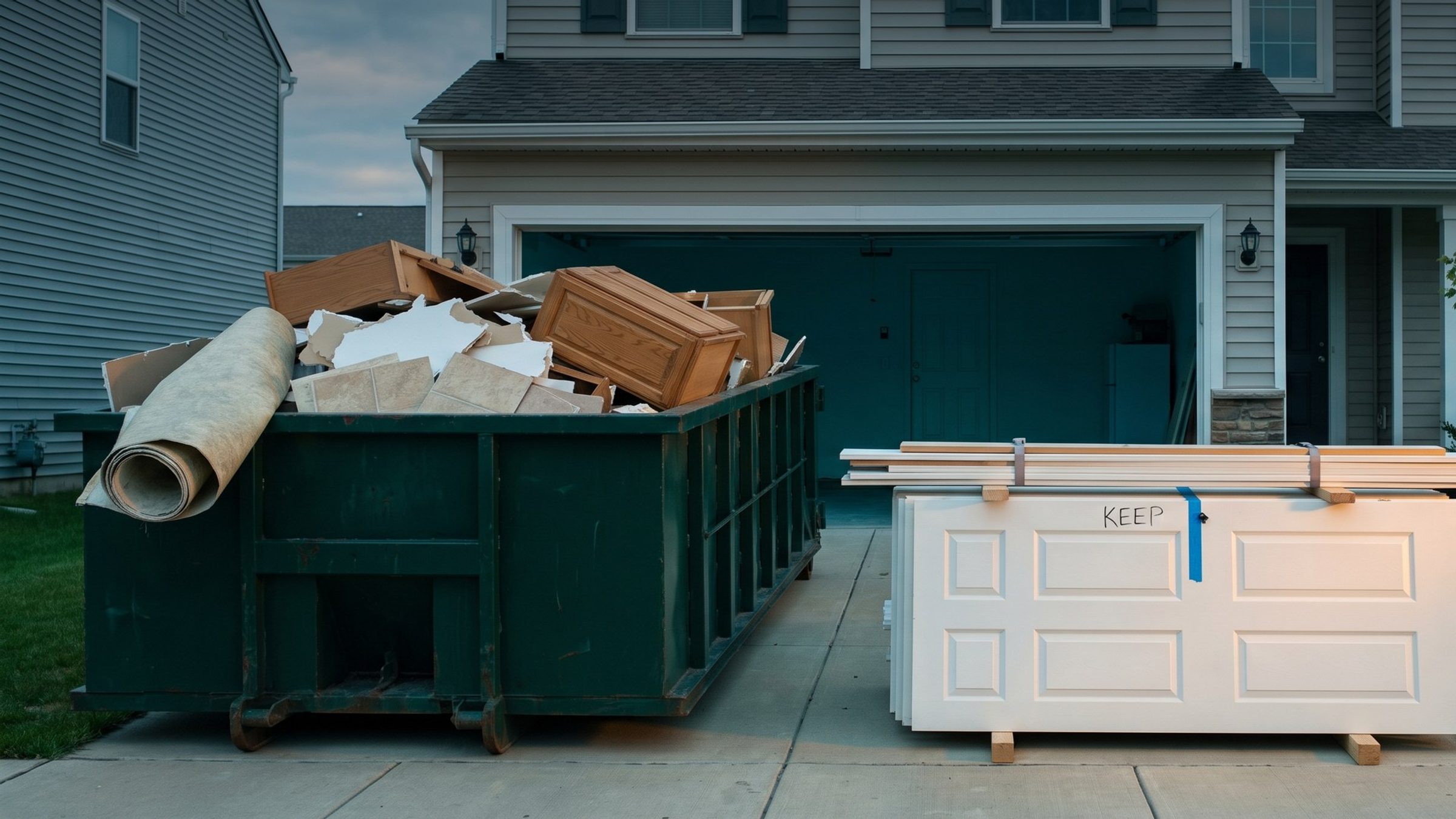 A suburban house on an overcast morning with a dumpster in the driveway full of torn-out cabinets, drywall and old flooring, beside a neat stack of salvaged white doors and trim with KEEP written next to a strip of blue painter's tape