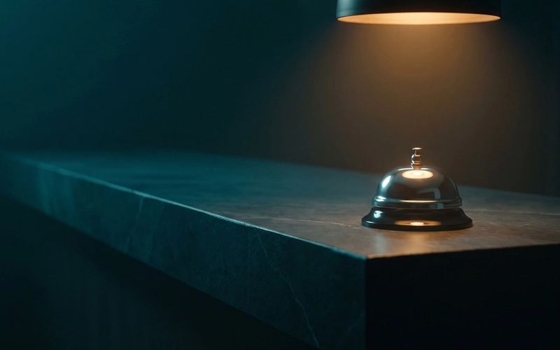A single lit brass service bell alone on a long empty counter in a darkened room