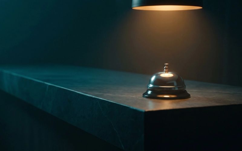 A single lit brass service bell alone on a long empty counter in a darkened room