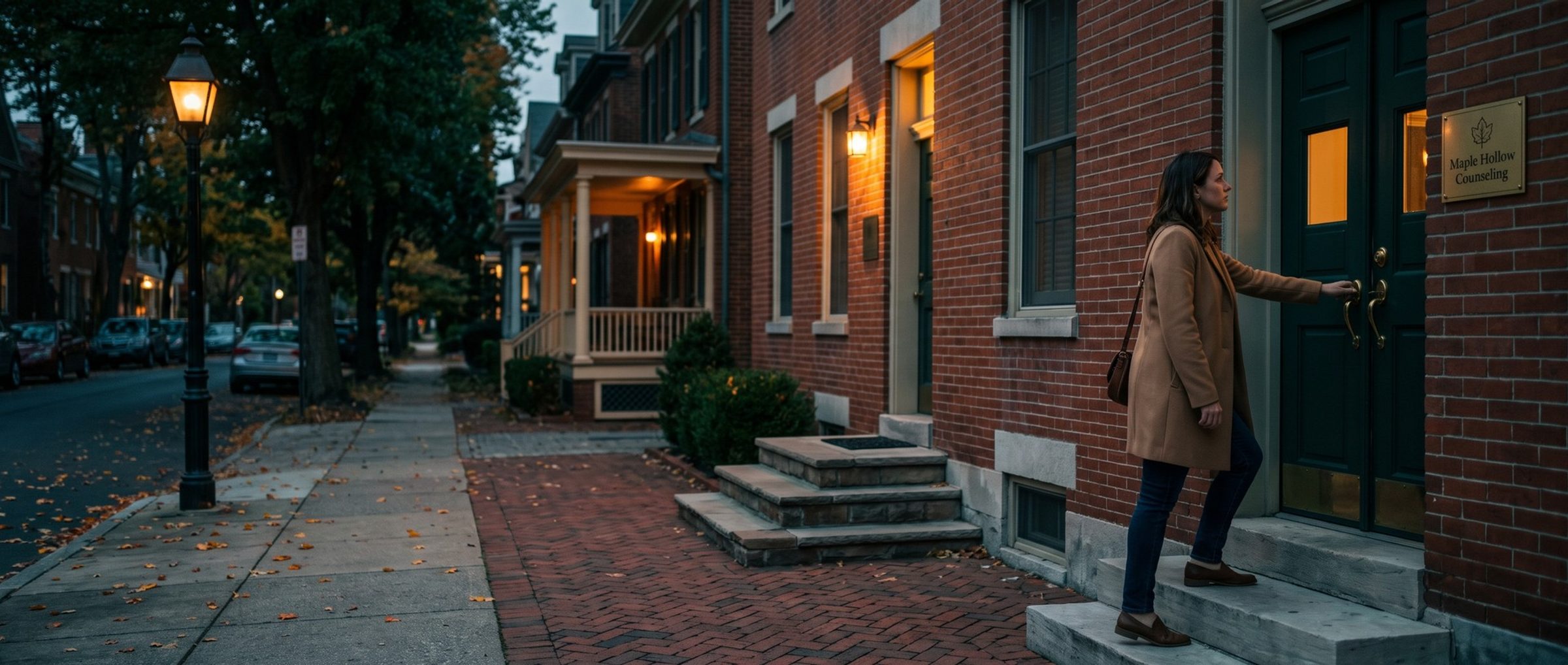 At dusk on a tree-lined street, a woman in a camel coat stands on the steps of a converted brick house with her hand on the handle of a dark green door, a small brass plaque beside it reading Maple Hollow Counseling