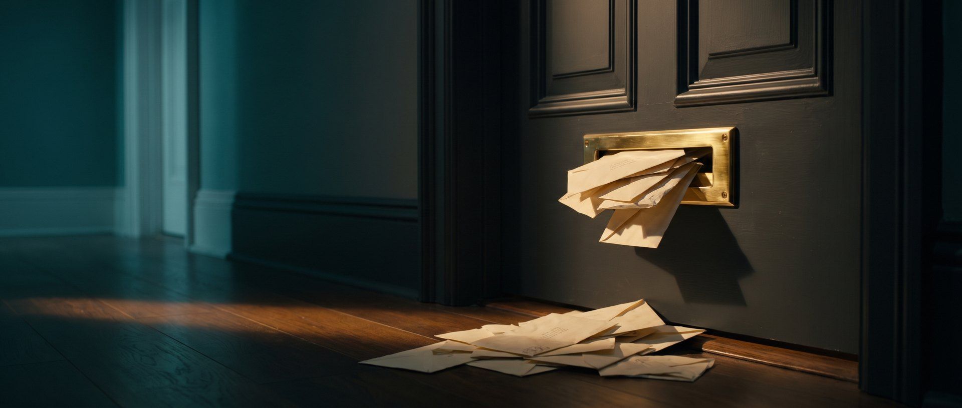 A brass mail slot in a dark front door jammed with envelopes, more letters spilled across the floor below, lit in warm amber