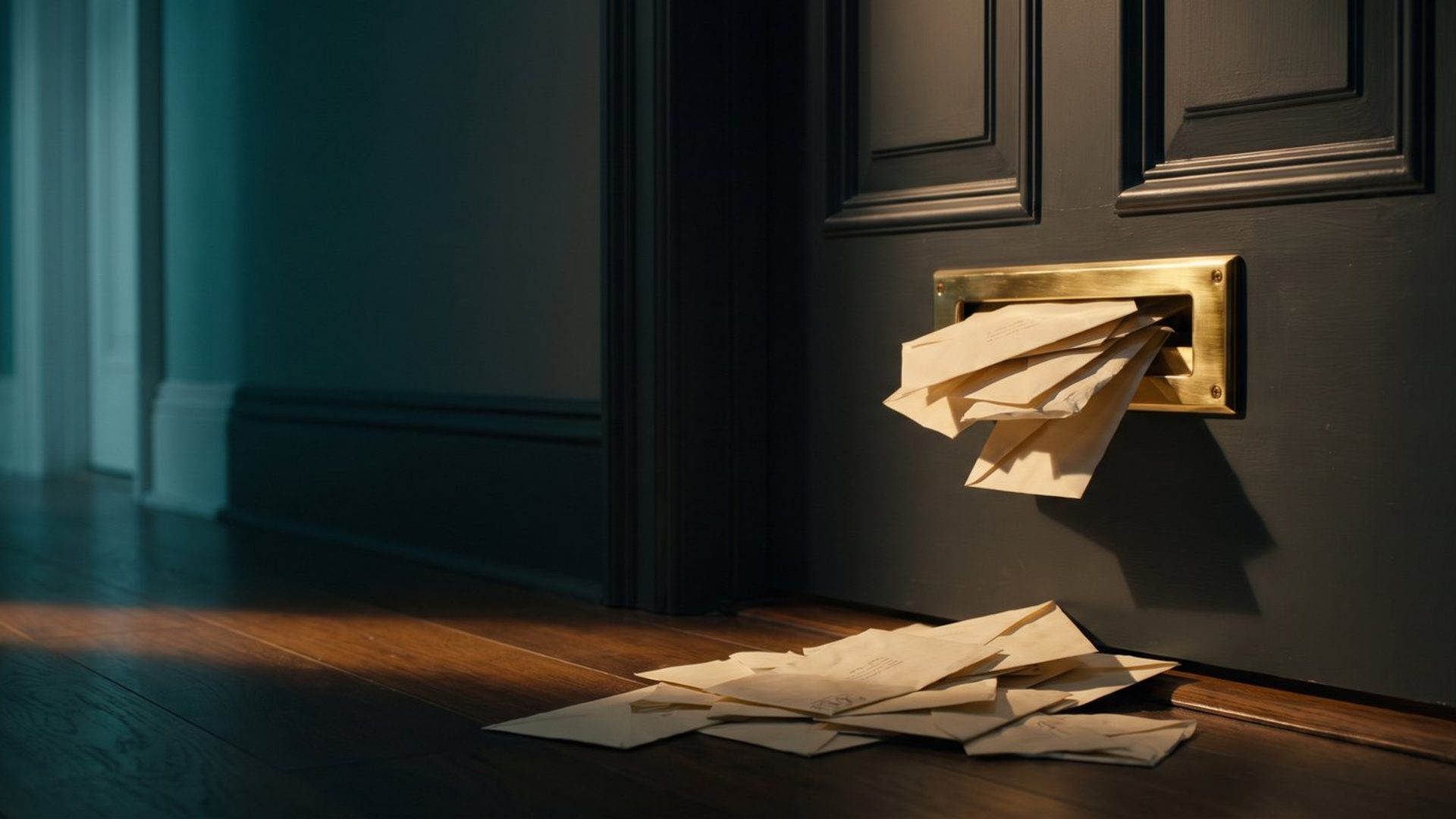 A brass mail slot in a dark front door jammed with envelopes, more letters spilled across the floor below, lit in warm amber