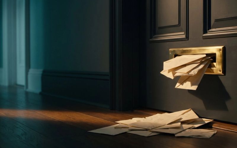 A brass mail slot in a dark front door jammed with envelopes, more letters spilled across the floor below, lit in warm amber