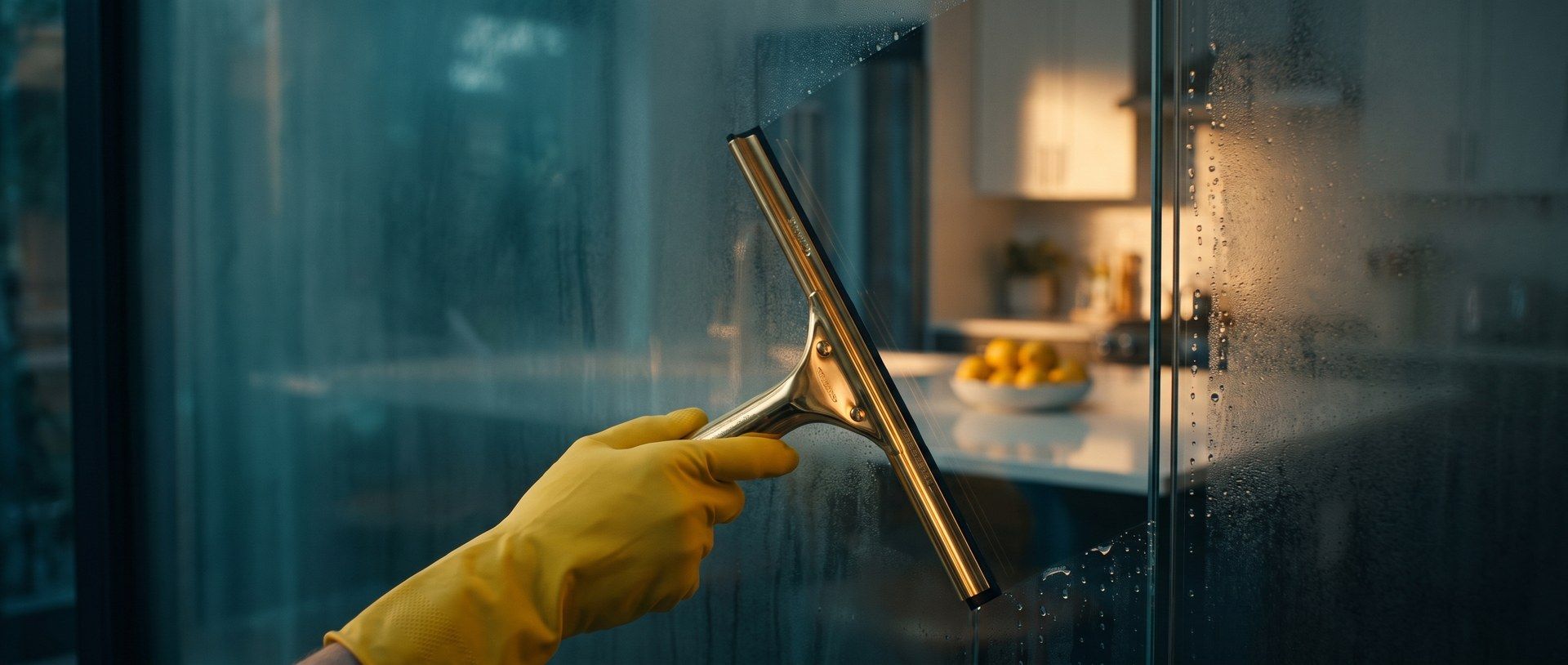 A yellow-gloved hand pulls a brass squeegee through a fogged glass door, and a bright kitchen with a bowl of lemons shows through the clear stripe
