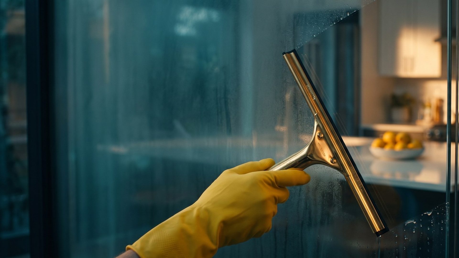 A yellow-gloved hand pulls a brass squeegee through a fogged glass door, and a bright kitchen with a bowl of lemons shows through the clear stripe