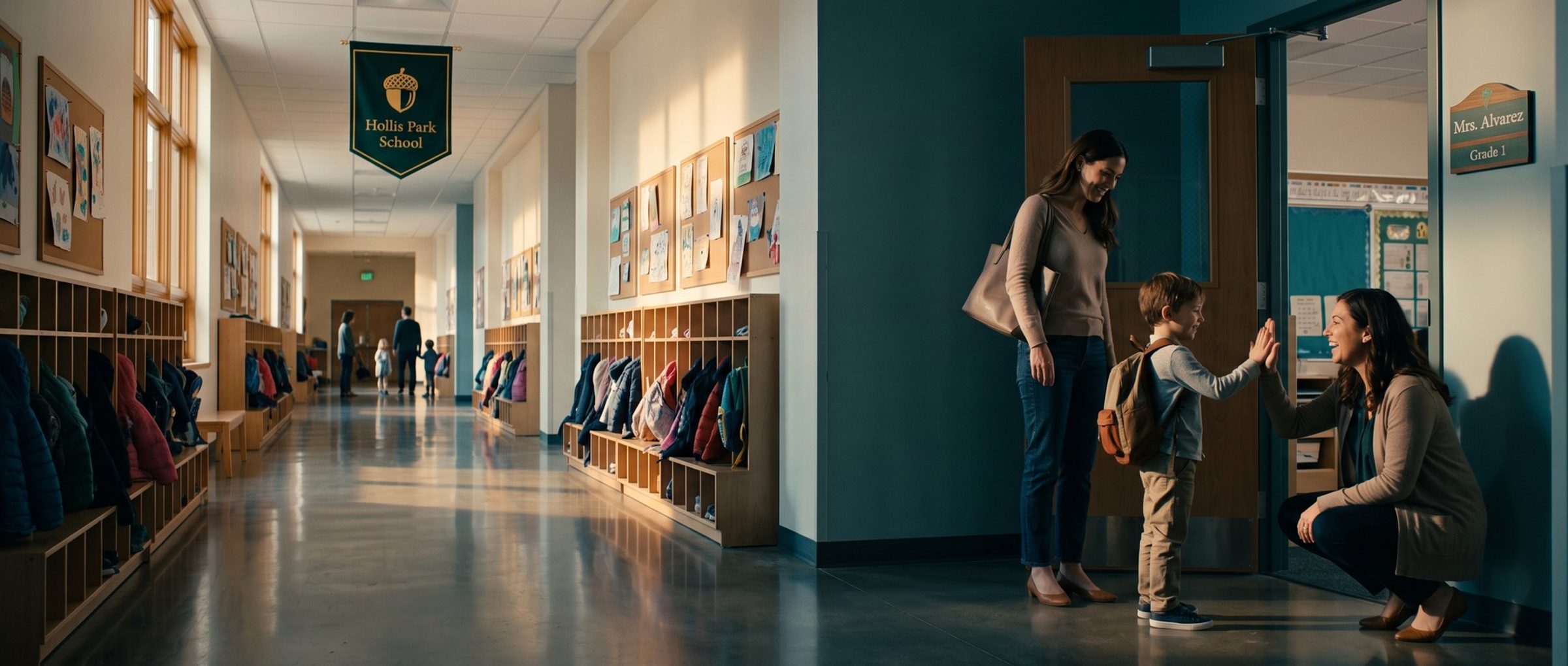 In a school hallway under a Hollis Park School banner, a first-grade teacher crouches at her classroom door to high-five a young boy with a backpack while his mother smiles