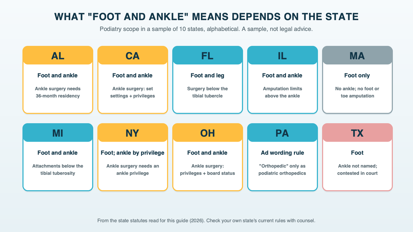 Ten state tiles in alphabetical order showing podiatry scope: foot only in Massachusetts; foot and ankle with conditions on ankle surgery in Alabama, California, New York and Ohio; foot and ankle in Illinois and Michigan; foot and leg below the tibial tubercle in Florida; ankle contested in Texas; and a limit on the word orthopedic in Pennsylvania; a sample, not legal advice