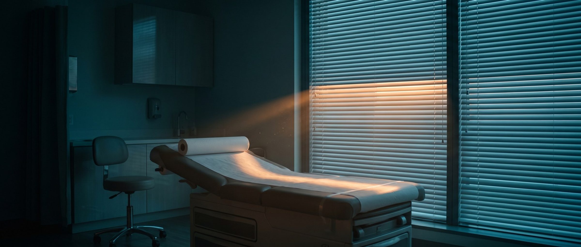 Blinds nearly closed on a darkened exam room window, letting one warm band of light fall across an exam table while the rest of the room stays in shadow