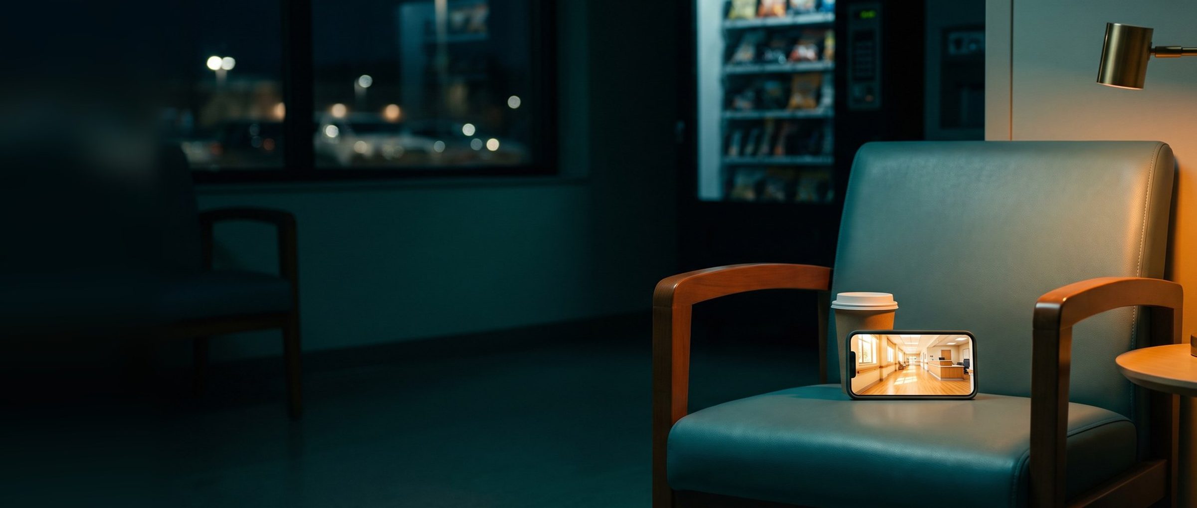 A hospital family lounge at night: a phone standing on an armchair seat beside a paper coffee cup plays a bright video of a sunlit nursing home hallway with handrails and a nurse station, lit by a brass reading lamp while the lounge sits in shadow