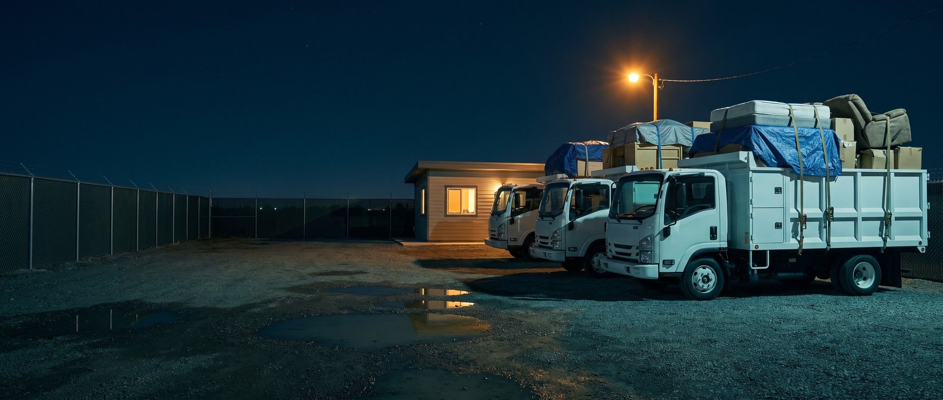 Three white junk removal trucks parked side by side in a gravel yard at night, each loaded high with mattresses, a recliner and boxes under blue tarps and straps, beside a small office with one lit window