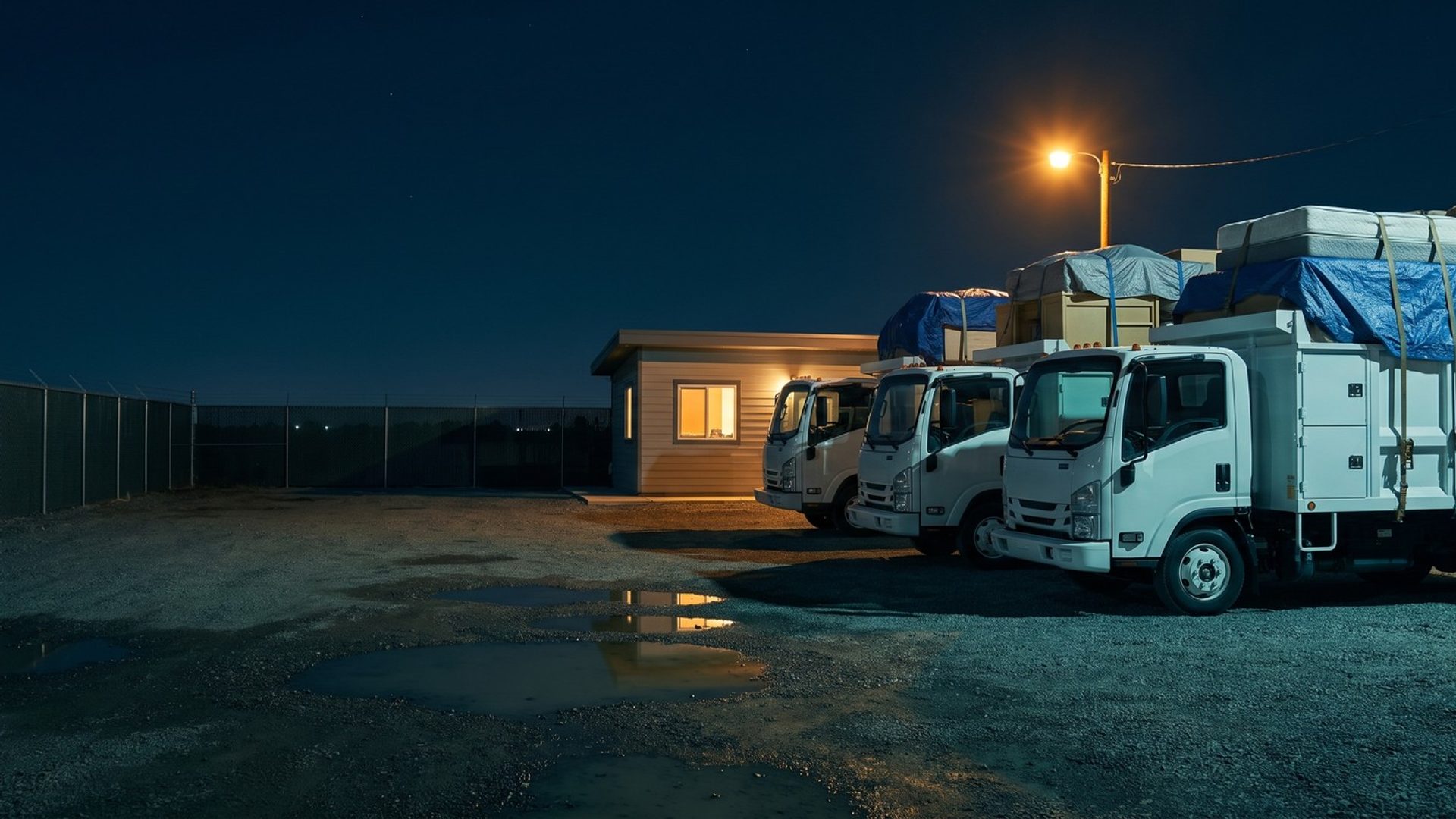 Three white junk removal trucks parked side by side in a gravel yard at night, each loaded high with mattresses, a recliner and boxes under blue tarps and straps, beside a small office with one lit window